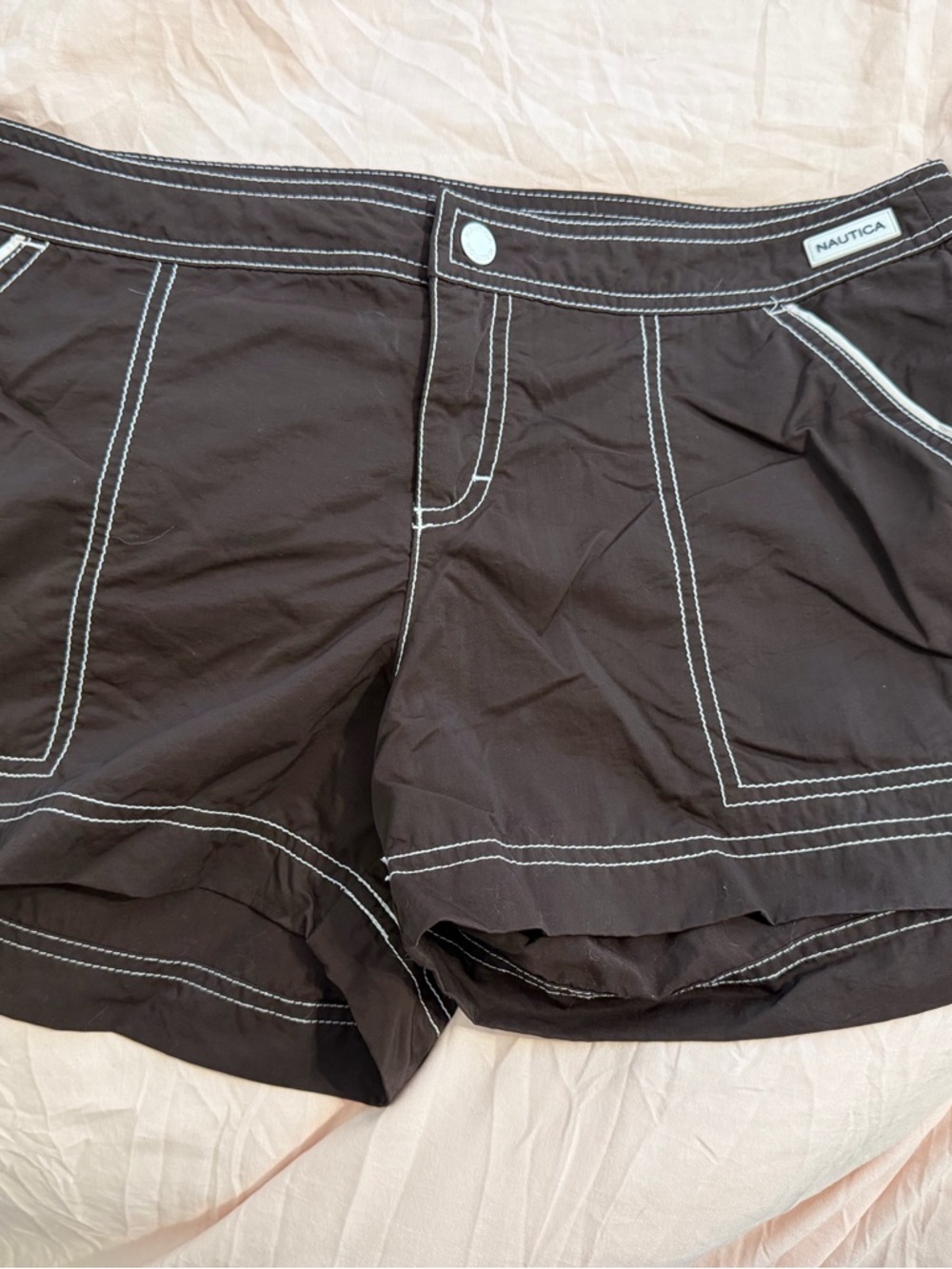 Y2K Nautica Brown Swim Shorts with White Stitching